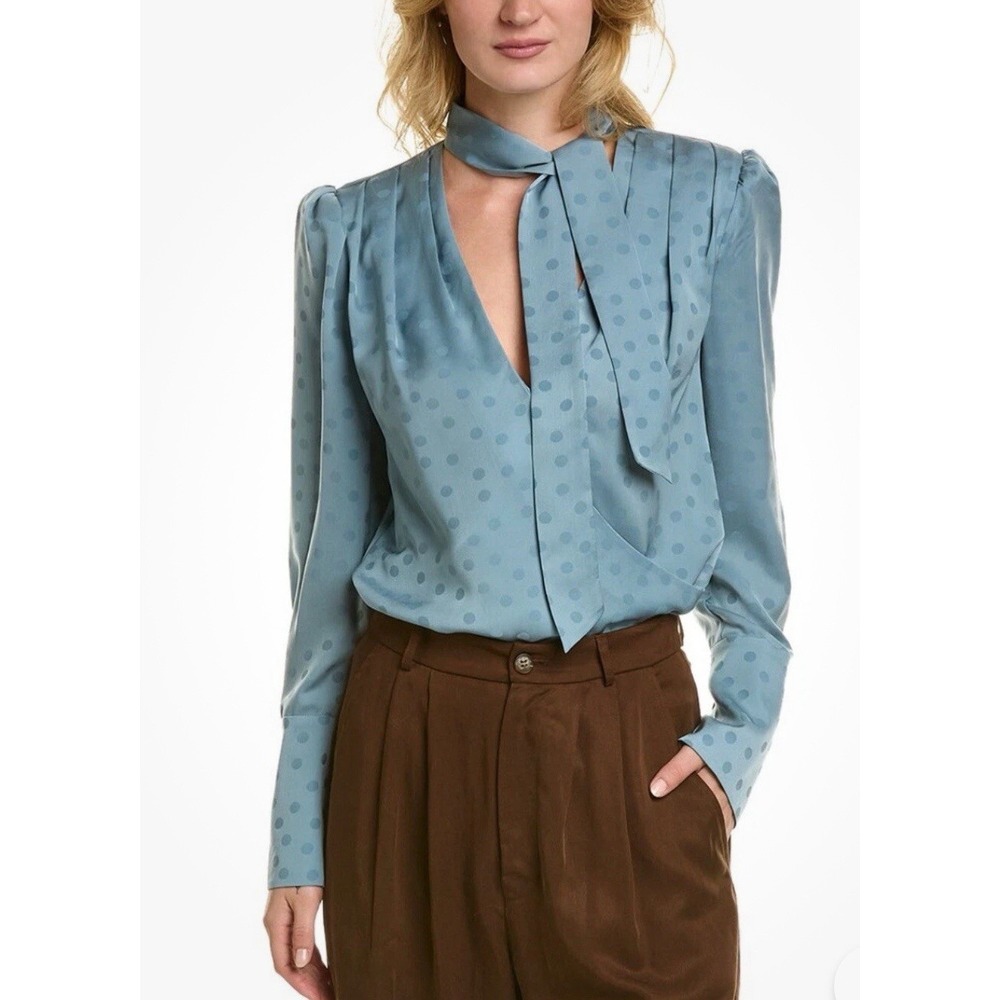 Favorite Daughter Blouse Blue Polka Dot Faux Wrap Size M - Picture 1 of 10